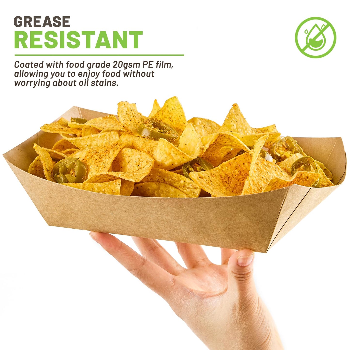 ZORRITA 5 LB Extra Large Paper Food Trays, 50 Pack Disposable Nacho Trays Kraft Paper Food Boats Party Serving Baskets for Sandwiches Burgers Popcorns Snacks