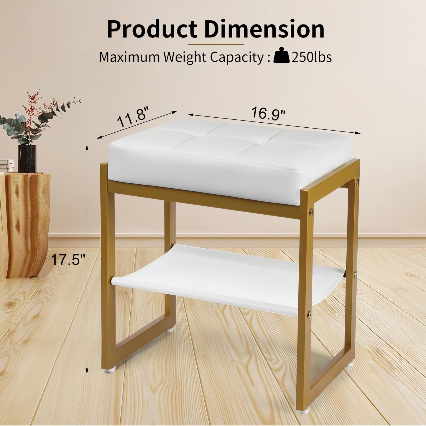 FrexCheng Vanity Stool, Faux Leather Vanity Chair Stool for Dressing Table, Modern Gold Metal Footstool Ottoman for Bedroom & Living Room, White & Gold