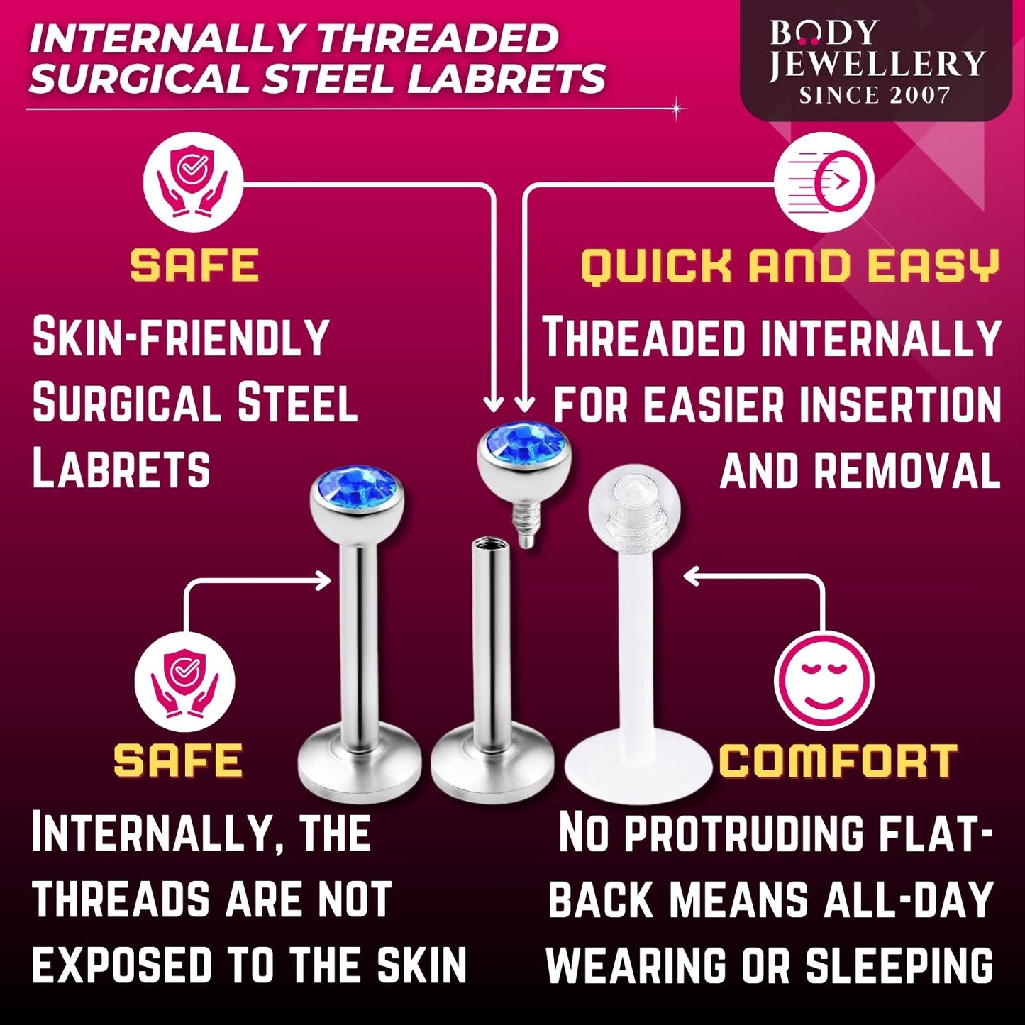 bodyjewellery 3pcs 16g 5/16 Labret Stud Lip Ring Snake Bite Conch Forward Helix Monroe Tragus Dahlia Marilyn Internally Threaded
