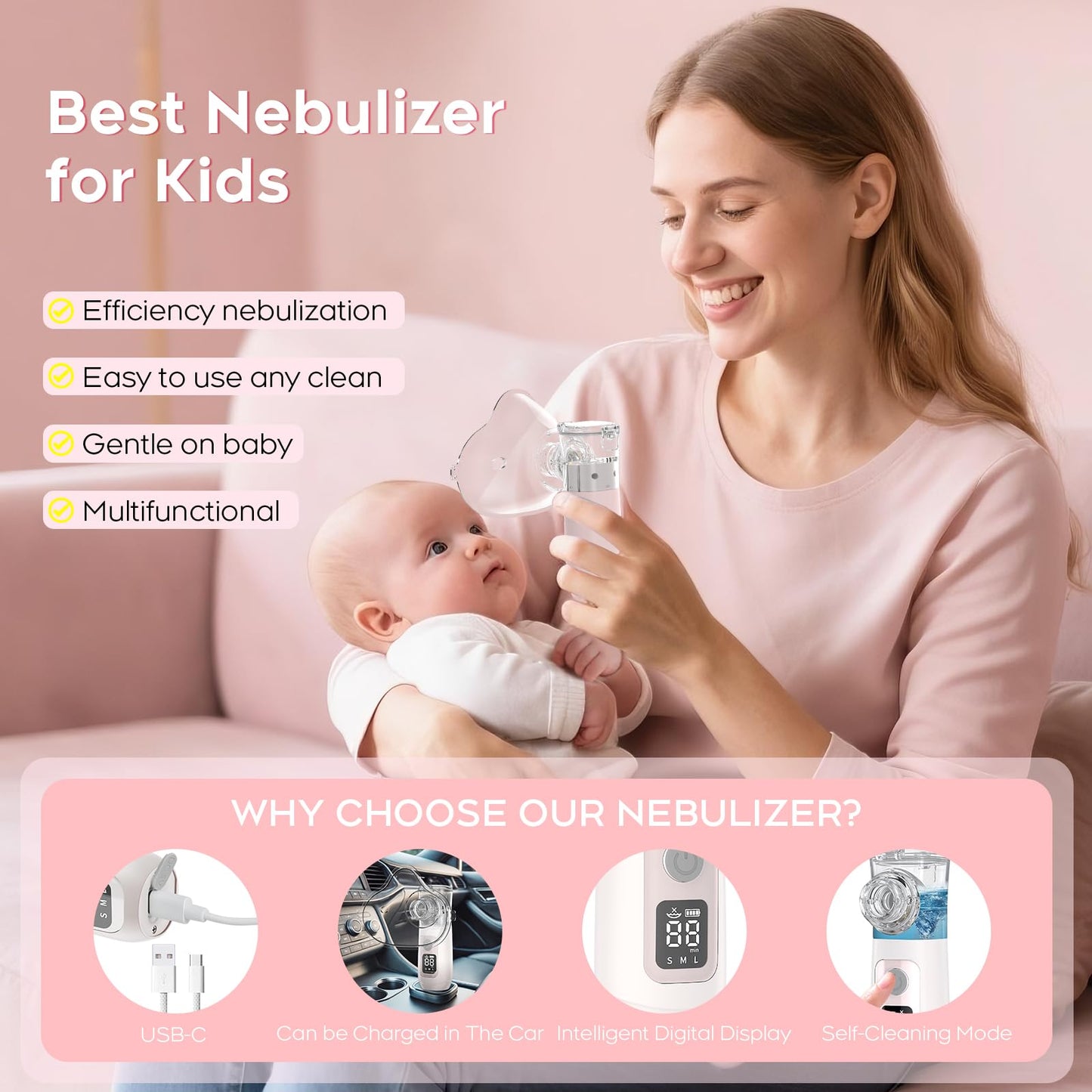 ULTRASONIC Nebulizer, Model NE-520, Smart Digital Display Portable Nebulizer for Adults and Kids, Portable Nebulizer- Rechargeable Nebulizer for Travel and Home Use, Take-Along Nebulizer for Kids