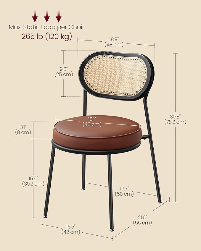 VASAGLE Dining Chairs, Set of 4 Accent Chair for Dining Room Kitchen, with Boho PE Rattan Back, Synthetic Leather Upholstery, Coffee Brown ULDC160K24