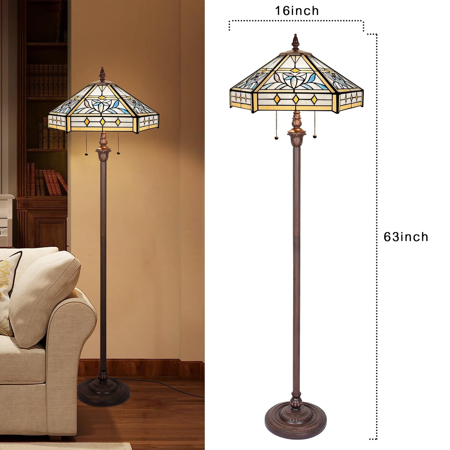 Capulina Tiffany Floor Lamp 2-Light 16X16X63 Inches Mission Hexagon Style Stained Glass Standing Reading Light for Living Room Bedroom Home Office