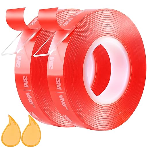 2 Rolls Heavy Duty Clear Double Sided Tape, Made of 3M VHB, Wall-Safe Removable & No Residue, 10FT x 0.6IN, for Home Decoration/Car Use/DIY/Hanging Pictures/Securing Carpets & Cables