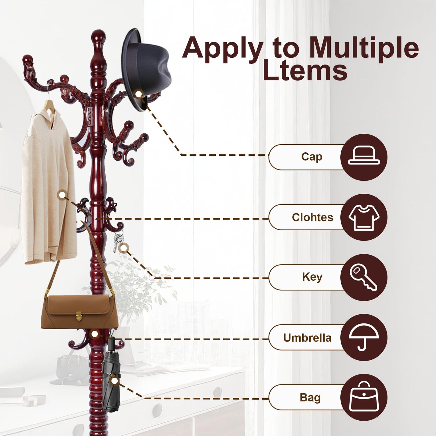 YQNUCO Solid Wood Coat Rack – Freestanding Coat Racks Stand with Hooks & Stable Base, Adjustable Height Modern Wooden Hall Tree for Entryway, Bedroom, Office, Home (Mahogany Triangle)