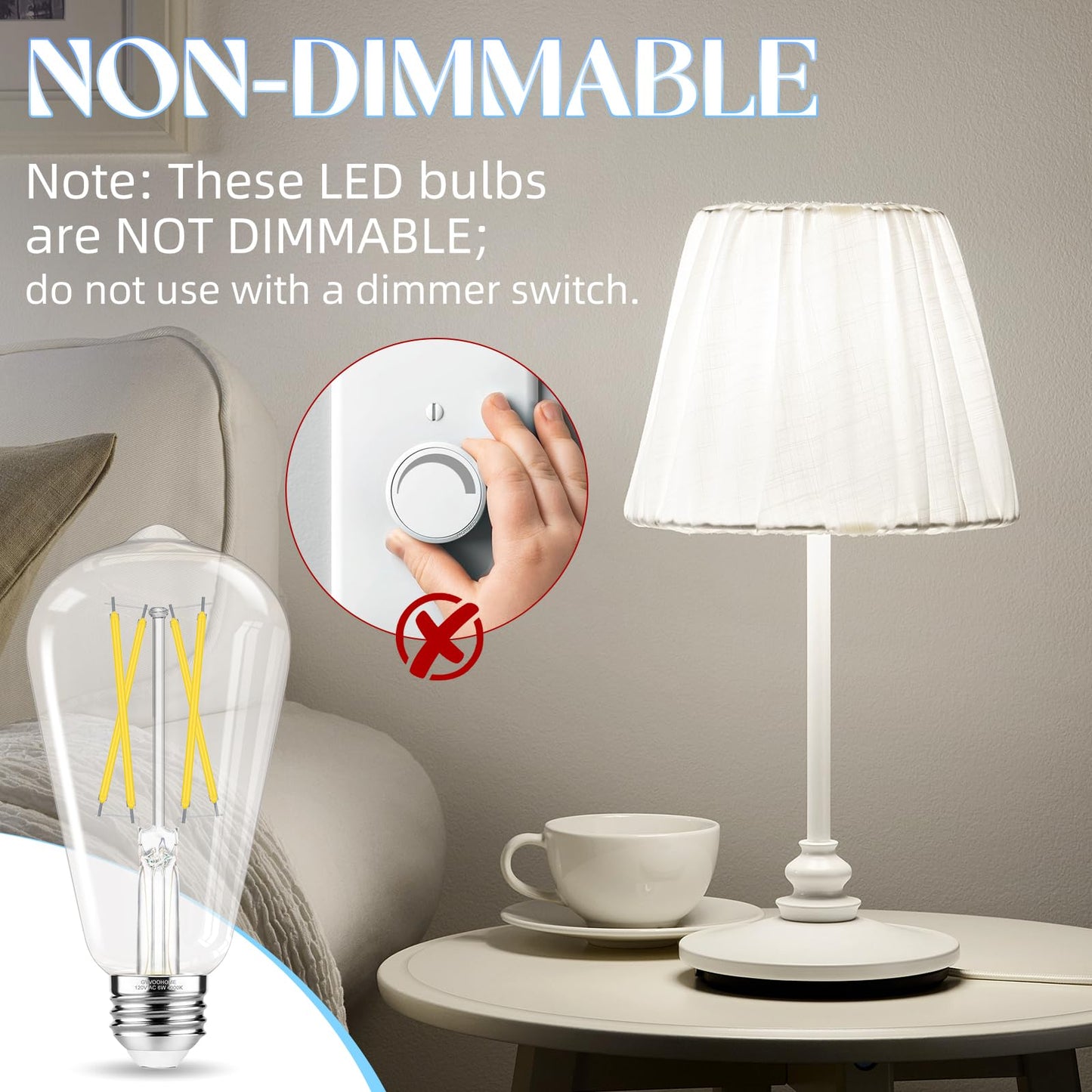 GvvooHome Edison Bulbs 60 watt Equivalent LED, E26 LED Bulb Non-Dimmable, 4000K Daylight White, ST58 Vintage Light Bulbs, 90+ CRI, 6W 600LM, E26 Medium Base, Clear Glass, 12 Pack