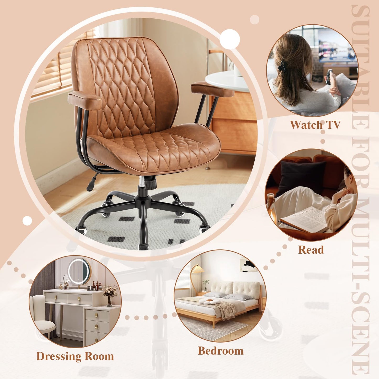 Home Office Desk Chair Mid-Century Modern Faux Leather Chair with Lumbar Support, Mid Back Ergonomic Computer Chair Swivel Rolling Executive Armchair