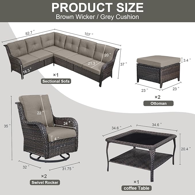 Belord Outdoor Furniture Sectional Sofa L Shaped Couch - Patio Wicker Set with 2 Swivel Glider Chairs, 8 Piece Rattan Patio Conversation Sets with Gray Cushion for Deck Backyard Sunroom Grey Cushion