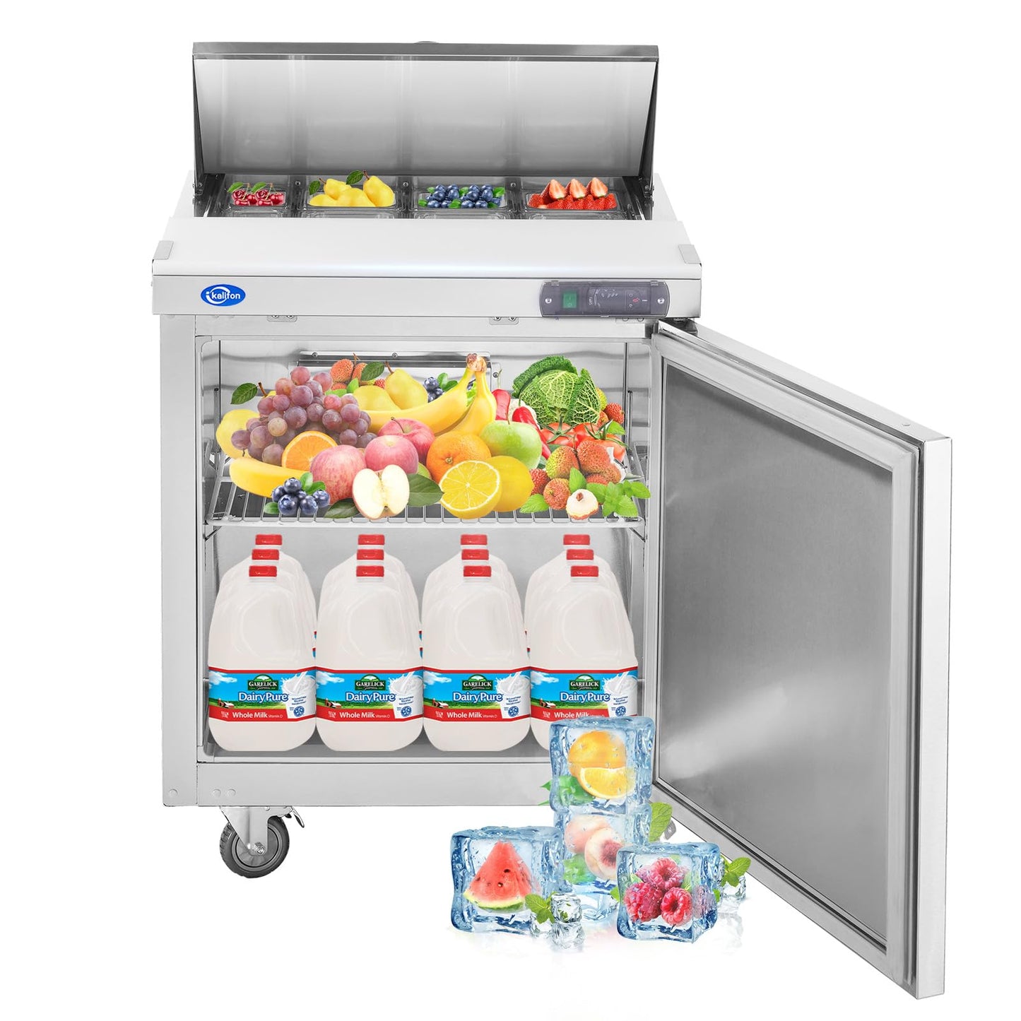 kalifon 27" W 1 Door Refrigerator Sandwich Salad Prep Table Commercial Stainless Steel Fan Cooling Refrigerator with Cutting Board, 1 Shelves & 8 Pans for Restaurant, Bar, Shop-7.4 Cu.ft