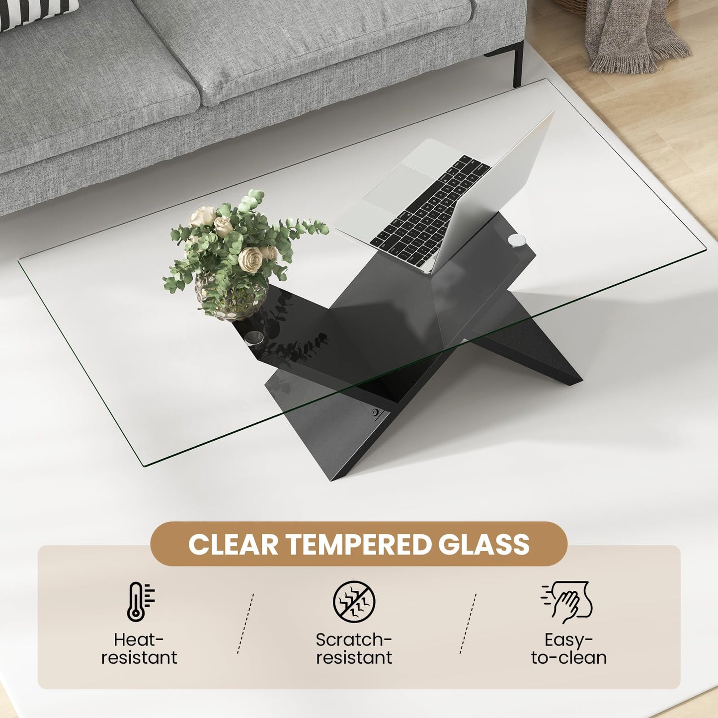Tangkula Rectangle Glass Coffee Table, 47” Modern Center Table with Tempered Glass Tabletop & Geometric Rubber Wood Frame, Versatile Accent Table for Living Room (Black)