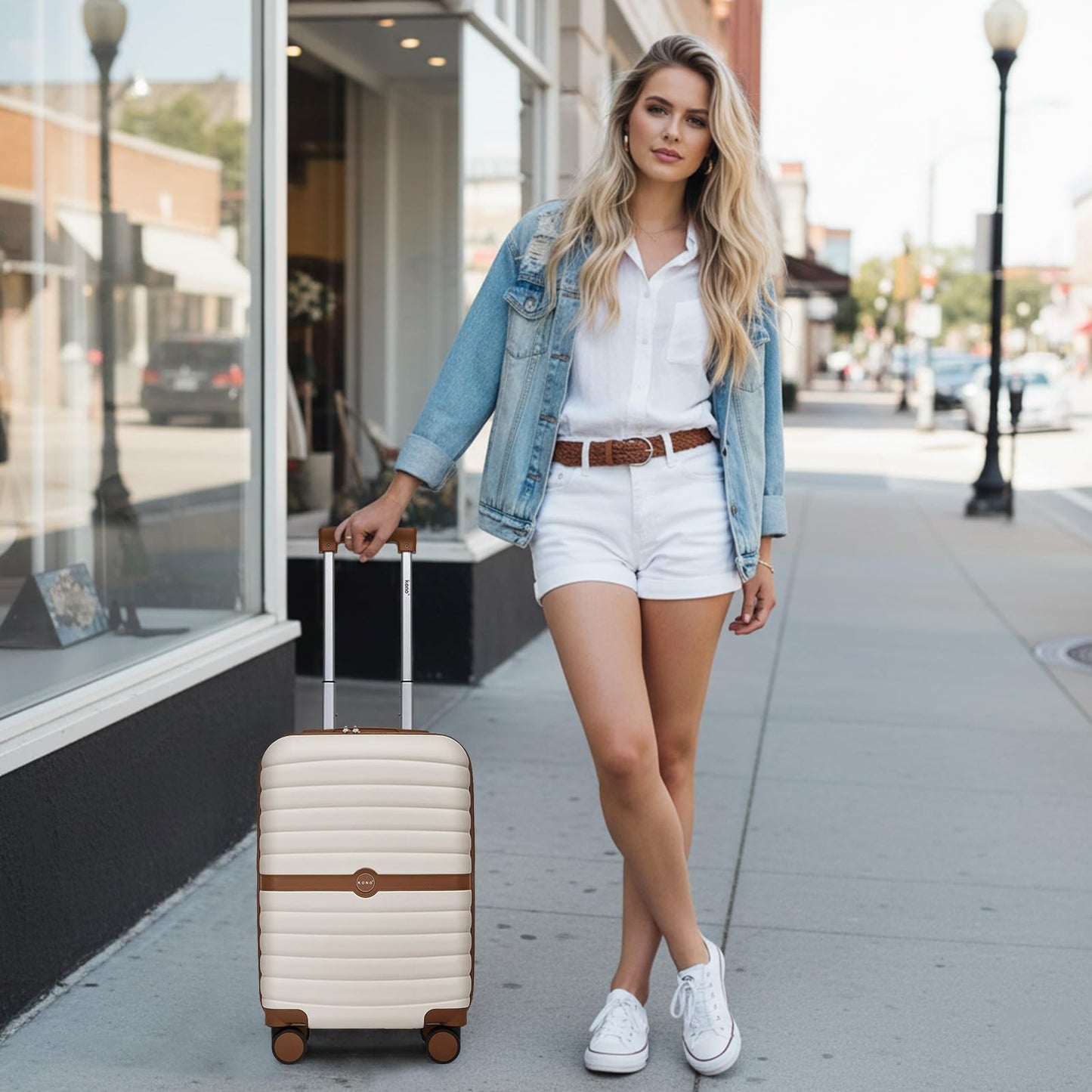 Kono Expandable 28 Inch Luggage with Spinner Wheels, Large Checked Luggage with Lock, Lightweight & Anti-Scratch PC+ABS Hardshell Travel Suitcase, White/Brown