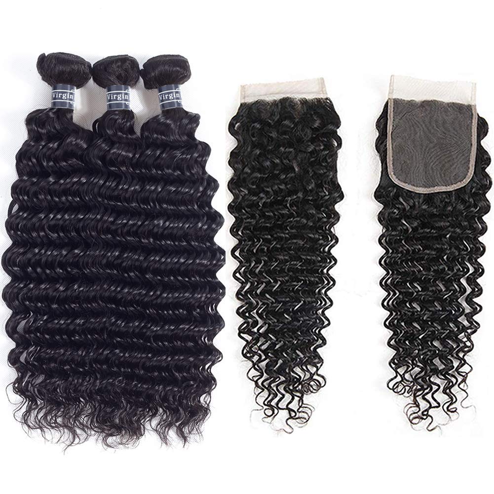 Amella Hair Deep Wave Bundles With Closure Brazilian Virgin Hair Deep Curly 3 Bundles With Lace Closure Free Part 100% Unprocess