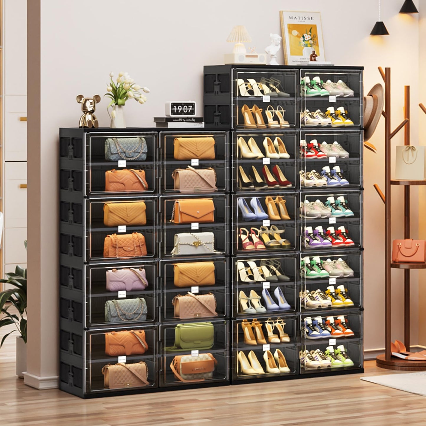 JEKO&JEKO 10 Tiers Foldable Shoe Rack Organizer Cabinet for Closet Entryway, Large Collapsible Shoe Storage Box with Magnetic Doors Fits Up to 40 Pairs (Black)
