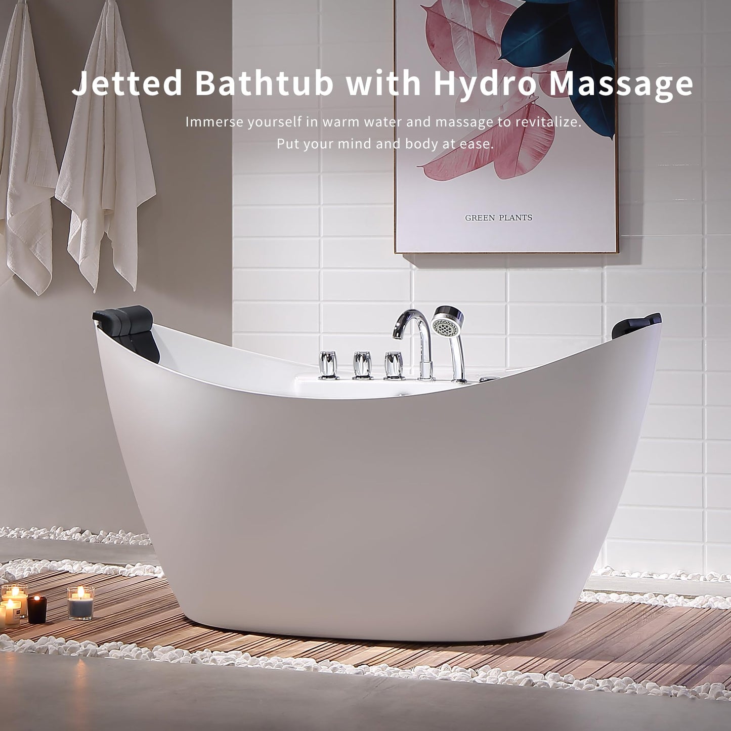 Empava 59 in. Acrylic Freestanding Tub Hydromassage Gracefully Oval Shaped Whirlpool 8 Water Jets Soaking SPA, Double-Ended Massage Bathtub with 2 Black Pillows