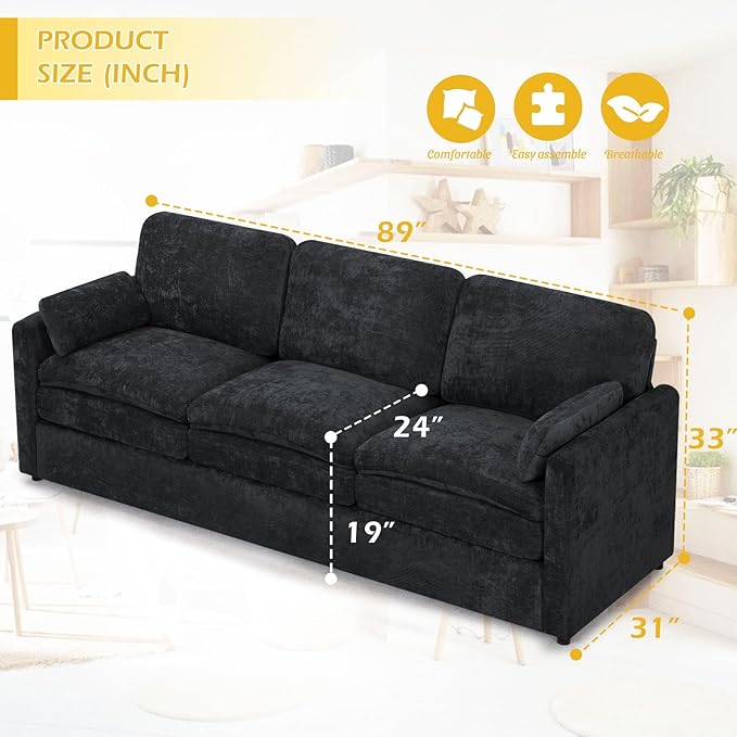 ACMEASE 3 Pieces Chenille Couch Set w/Arm Pillows, Upholstered 2 Pieces Loveseat & 3 Seater Sofa w/Comfortable Back Cushions, Modern 2-Seat & 3-Seat w/High-Density Foam for Living Room, Black