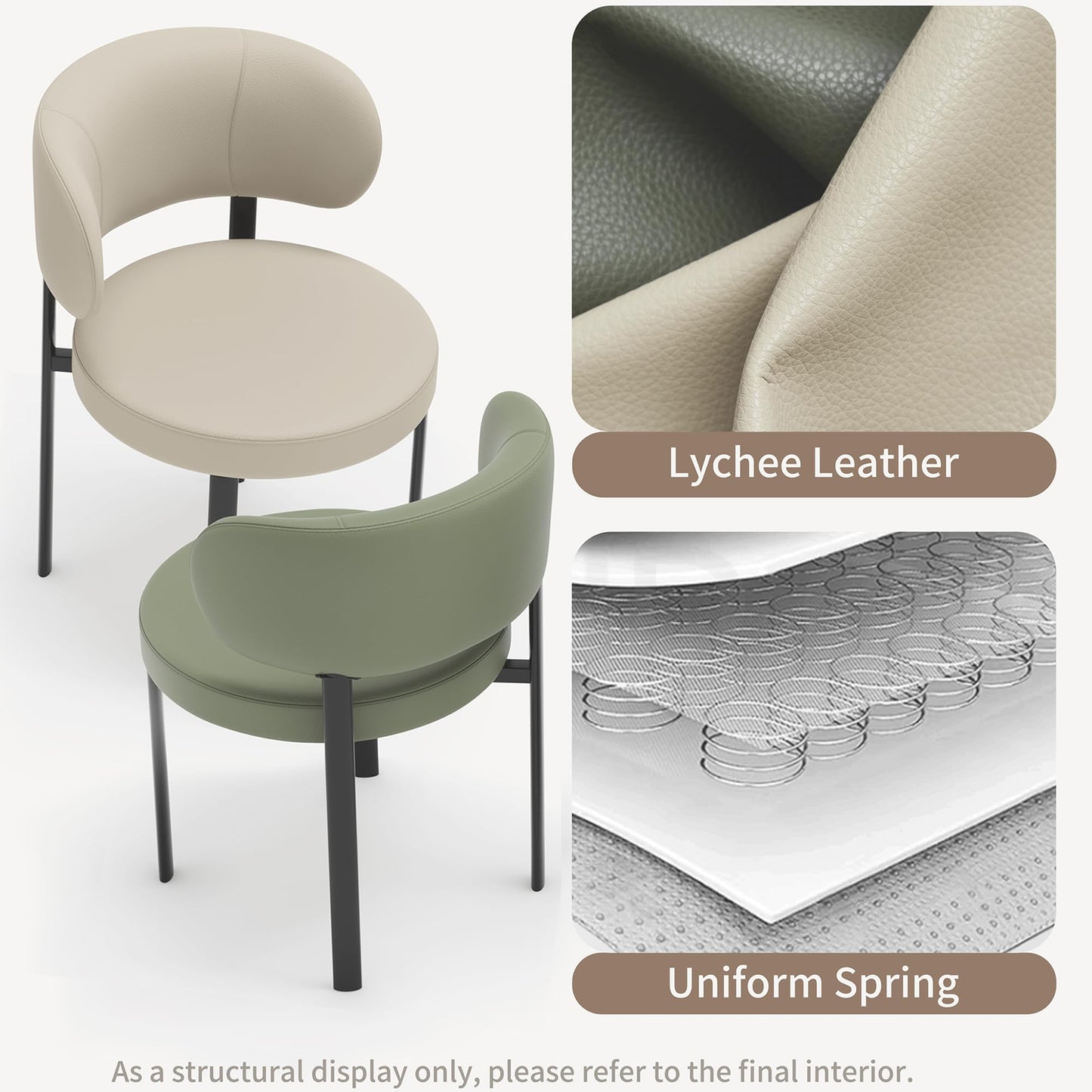 HaufChox Mid Century Dining Chairs Set of 4, Morden Kitchen Chair, Round Upholstered Seat, Curved Split Backrest, Carbon Steel Legs, Textured Leather for Bar/Restaurant/Office, Olive