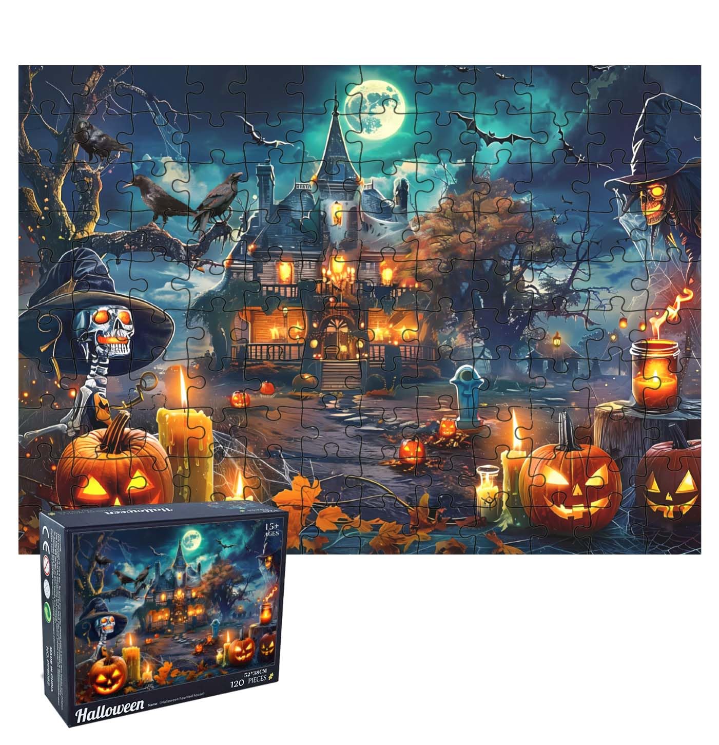 HEIPINIUYE Halloween Puzzles 120 Pieces Scary Skeleton Puzzle Halloween Jigsaw Puzzle for Kids Adults Halloween Party Decoration Haunted House Puzzle