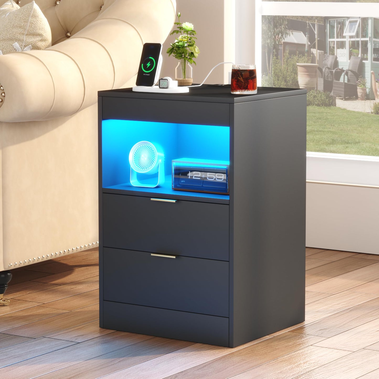 Gadroad LED Nightstand with Charging Station, Bedside Table with 3 Drawers and LED Lights, End Table Sofa Couch Side Table with Pull-Out Shelf, Black