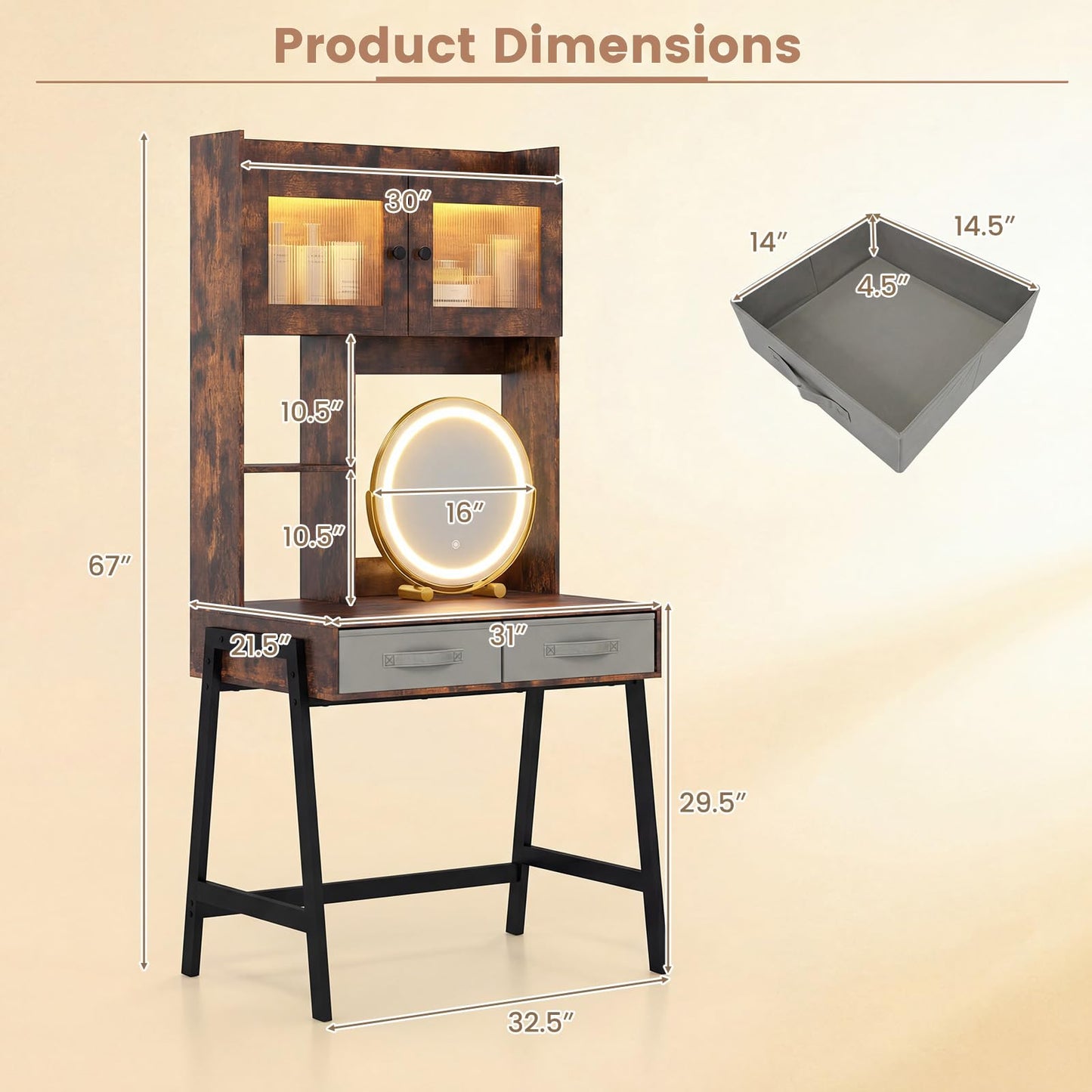 CHARMAID 67'' Tall Vanity Desk with LED Mirror, RGB Lighted Cabinet, Charging Station, Storage Shelves & Fabric Drawers, Metal Frame, Makeup Vanity Table with Hutch for Bedroom (Rustic Brown & Black)