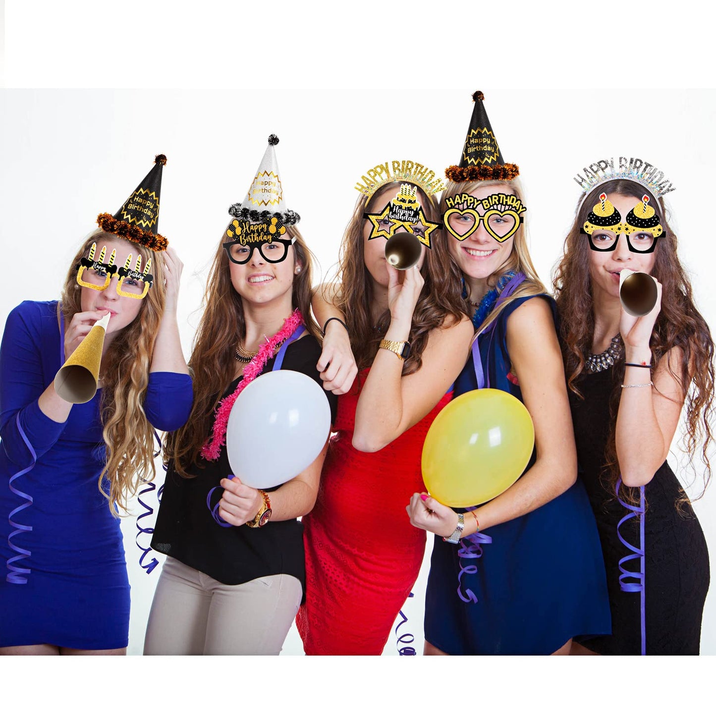 Sratte 36 Pcs Black Gold Style Birthday Party Favors Set Happy Birthday Hat Headband Glasses Noise Makers Party Horns