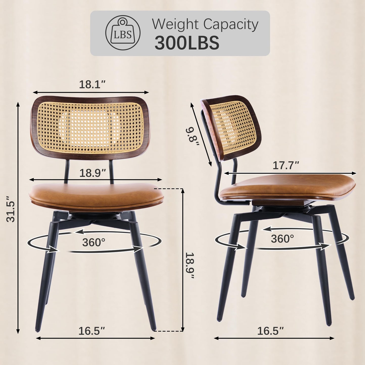 Dining Chairs, Swivel Dining Chairs Set of 4, Faux Leather & Rattan Walnut Dining Room Chairs, Bentwood & Metal Frame Upholstered Chairs with 360°Rotation, Modern Kitchen/Living Room Chair (Brown)