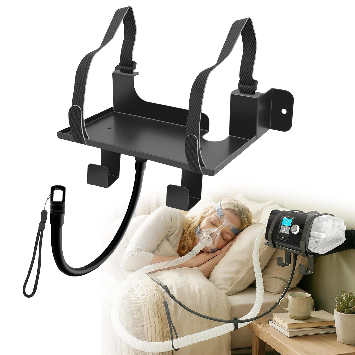 CPAP Hose Holder Wall Mount,Easy to Install,Equipped with Mask Hooks & Adjustable CPAP Tubings Hose Hanger,Space Saving CPAP Shelf,Bedside Organizer