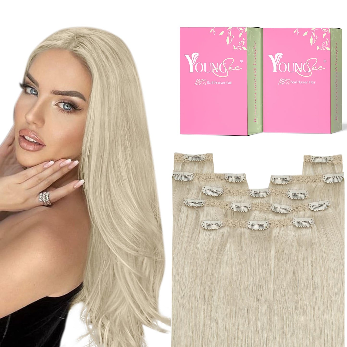 YoungSee Clip in Hair Extensions Real Human Hair Blonde Hair Extensions Clip ins Platinum Blonde Thick End Full Head Blond Real