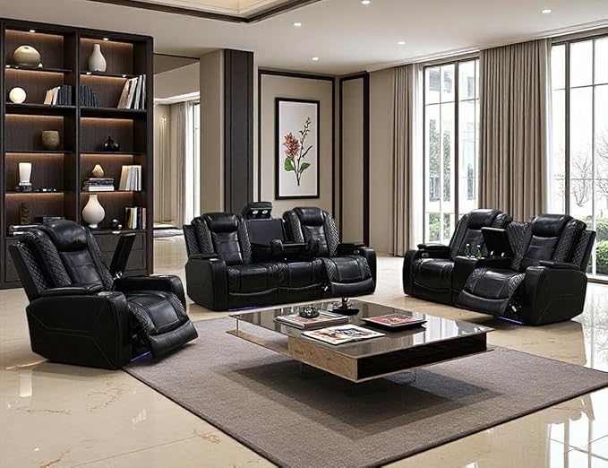 Toseslo Power Recliner Sofa Set with Drop-Down Table, 3-Piece Leather Reclining Sofa Sectional Couches, Living Room Furniture Sets, Reclining Sofa with Cup Holders/Storage Console for House(Black)