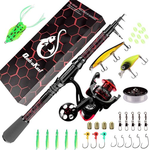 QudraKast Fishing Rod and Reel Combos, Unique Design with X-Warping Painting, Carbon Fiber Telescopic Fishing Rod with Reel Combo Kit, Best Gift for Fishing Beginner and Angler (3.0M Rod)