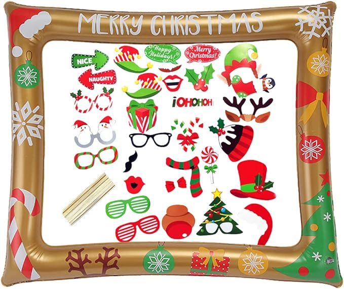 Photo Booth Party Props 32 Pcs - Inflatable Picture Frame & Props for Xmas Family Winter Holiday Games Decorations & Favor...