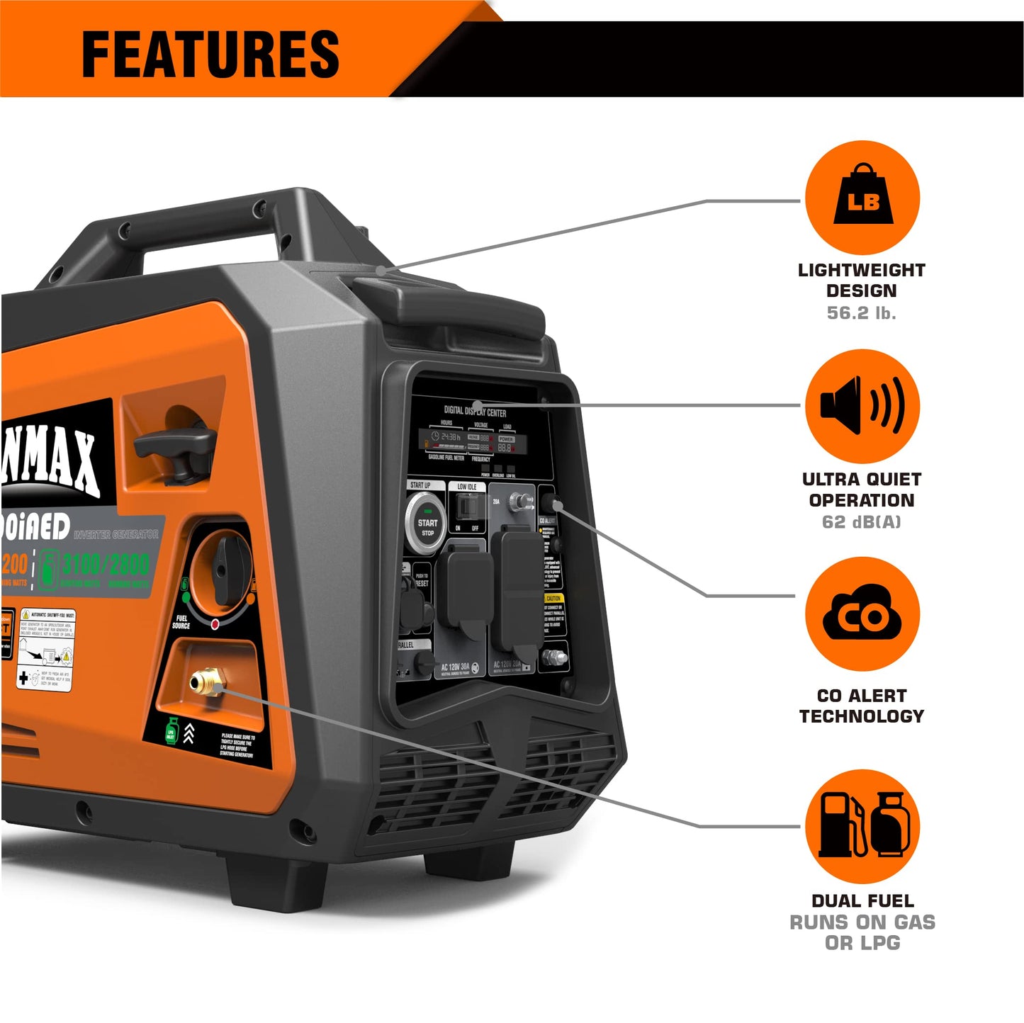 Genmax Portable Inverter Generator, 3500W Super Quiet Gas Or Propane Powered Engine With Parallel Capability, Remote/Electric St