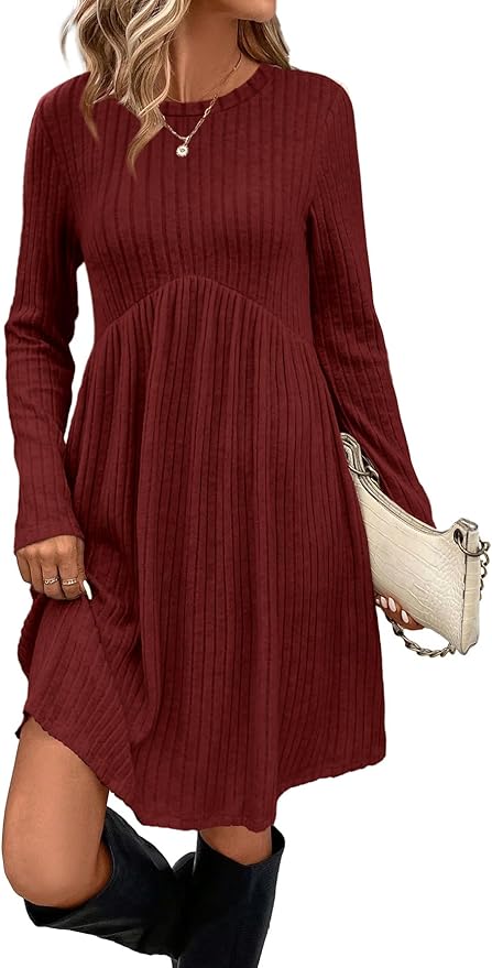 OFEEFAN Long Sleeve Dress for Women Crew Neck Empire Waist Tunic Dress with Pockets
