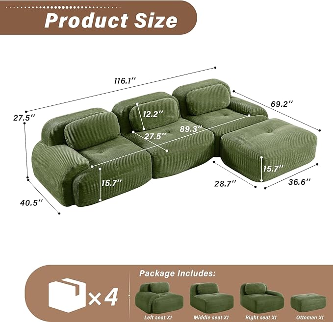 SoarFlash 117" Modern L-Shaped Modular Sectional Sofa for Living Room, Corduroy Upholstery Oversized 3-Seater Couch with Deep Seat and Movable Ottoman-No Assembly, Green