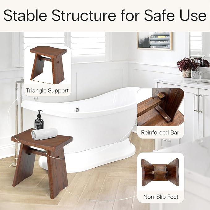 StrongTek Teak Shower Stool, 18-Inch Solid Teak Wood Bath Seat Bench for Bathroom, Spa & Home, Ergonomic Curved Seat, Water-Resistant, 350 lbs Capacity, Stable Structure & Smooth Finish, Dark Brown