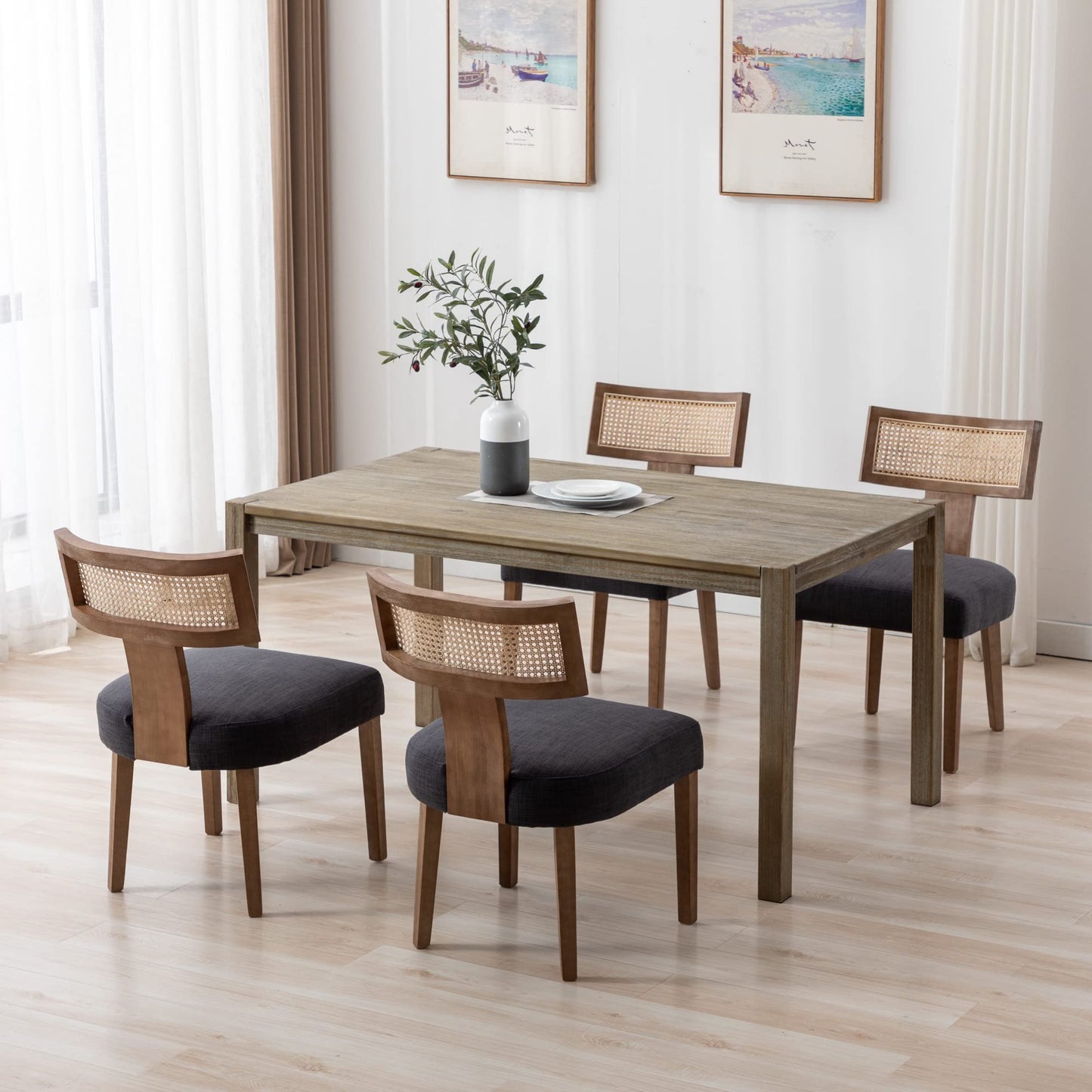 BESTANO Rattan Dining Chairs Set of 4, Mid-Century Modern Wooden Farmhouse Dining Chairs Linen Fabric Upholstered Kitchen Chairs with Curved Cane Back, Charcoal