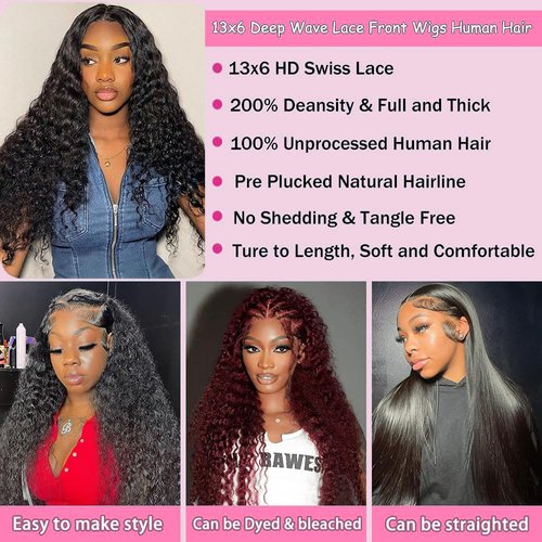 ANLILI 13x6 Deep Wave Lace Front Wigs Human Hair Wig 200% Density Deep Wave Frontal Wigs Human Hair HD Lace Front Wigs for Black Women Deep Curly Wave Lace Front Wig Glueless Wig 22 Inch