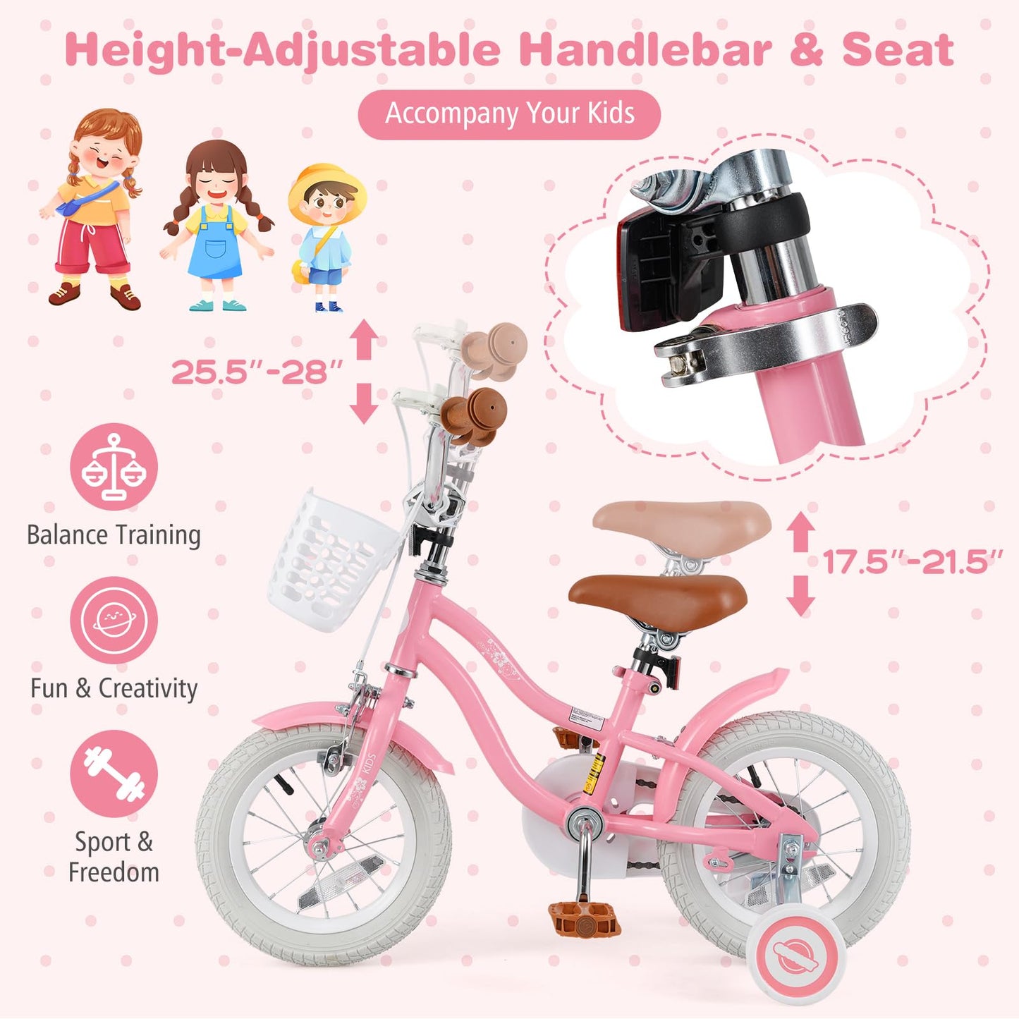 BABY JOY Kids Bike, 12 Inch Boys Girls Bike w/Adjustable Seat, Basket, Handbrake Coaster Brake, Training Wheels or Kickstand, Kids Bicycle with Multi-Color (Rose Red)