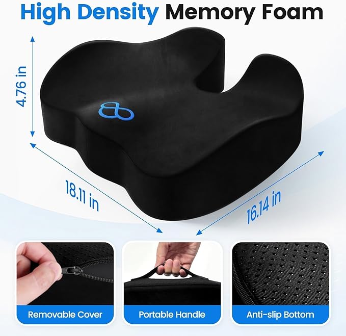 SofterCharm Seat Cushion, Memory Foam Chair Cushions for Tailbone/Sciatica Easing, Chair Pillow with Handles for Car, Office Chair Cushion with Non-Slip Design, Ideal for Post-Surgery Recovery(Black)