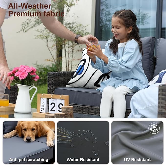 4-Piece Patio Furniture Set,Outdoor Wicker Patio Conversation Set with Tempered Glass Table,All-Weather Rattan Sectional Loveseat&Chairs with Thick Cushions for Garden,Deck,Backyard-Grey