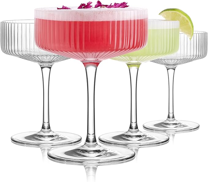 LUNA & MANTHA Coupe Glasses Set of 4, 10oz Crystal Ribbed Martini Glasses, Vintage Cocktail Glass, Hand Blown for Espresso...