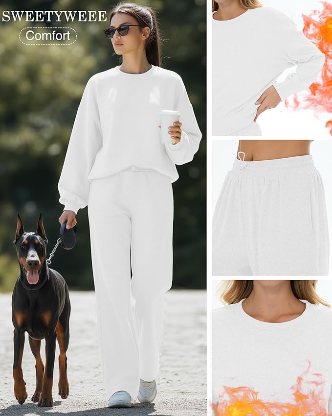Sweetyweee Women's 2 Piece Outfits Set Fleece Lined Lounge Sweatsuit Crewneck Pullover Top Wide Leg Pants Casual Tracksuit