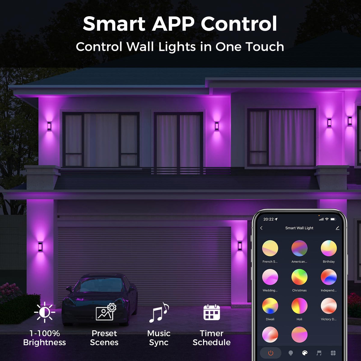 XMCOSY+ Outdoor Wall Lights, 2100LM Smart LED Porch Lights Outdoor, RGBCW Exterior Lighting Sconce, Wi-Fi Control, Compatible with Alexa, IP65 Waterproof, 2 Pack