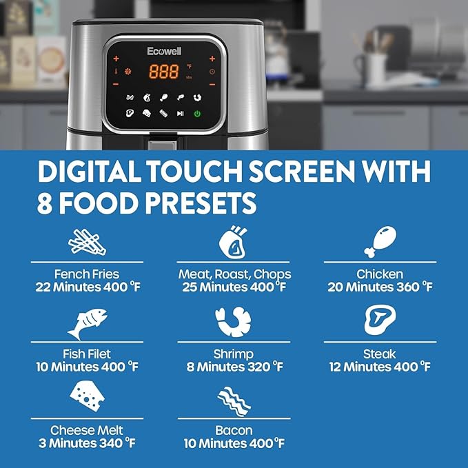 ECOWELL Air Fryer,Compact Large 6 Quart,Stainless Steel Air Fryer, 8 Food Presets,Touch Screen,BPA-Free, Up to 95% Less Oil*, Roast,Bake, Dry, Reheat,Broil, 120V,Dishwasher-Safe 1700W, Black, TXS5T2
