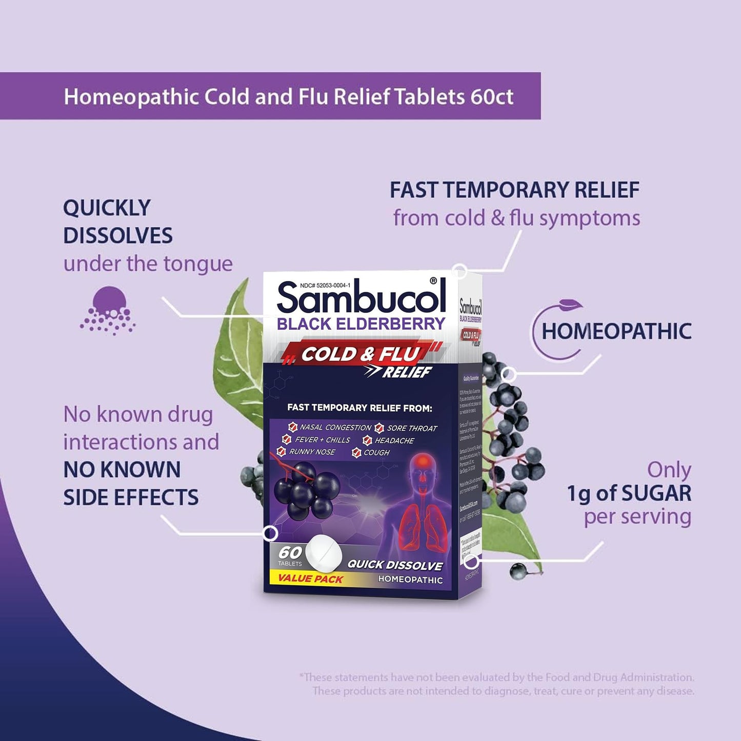 Sambucol Cold and Flu Relief Tablets - Homeopathic Cold Medicine, Cold Remedy for Adults, Black Elderberry for Colds, Zinc Cold Remedy - 60 Count