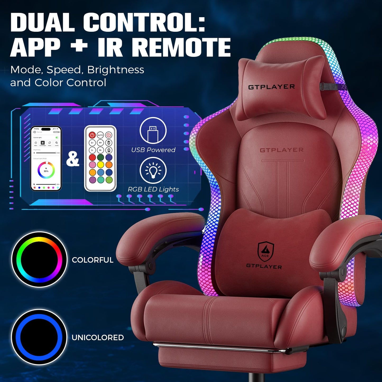 GTPLAYER Gaming Chair, Computer Chair with RGB LED Lights, High Back Ergonomic Chair for Adults with Footrest, Reclining Office Chairs, Linkage Armrest, Wine Red