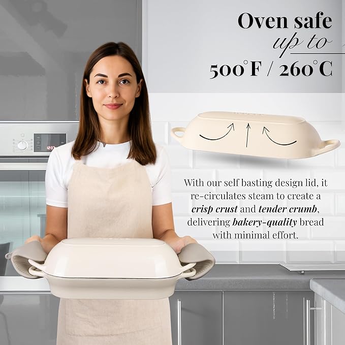 Enamelled Cast Iron Bread Loaf Pot – Dutch Oven For Sourdough Bread Baking – Oven Safe Non Stick Bread Pot – Rectangular, Cream, 34cm x 16cm – by Nuovva