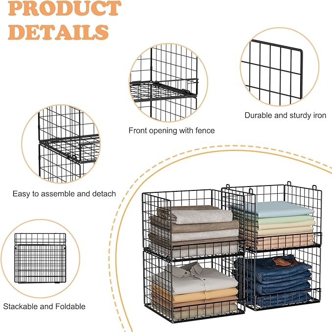 Stackable Closet Organizers and Storage Baskets, 4-Tier Closet Shelf Organizer for Small Space, Space-Saving Clothes Storage Drawer, Foldable Clothes Storage Bins for Closet Organizer System, Black