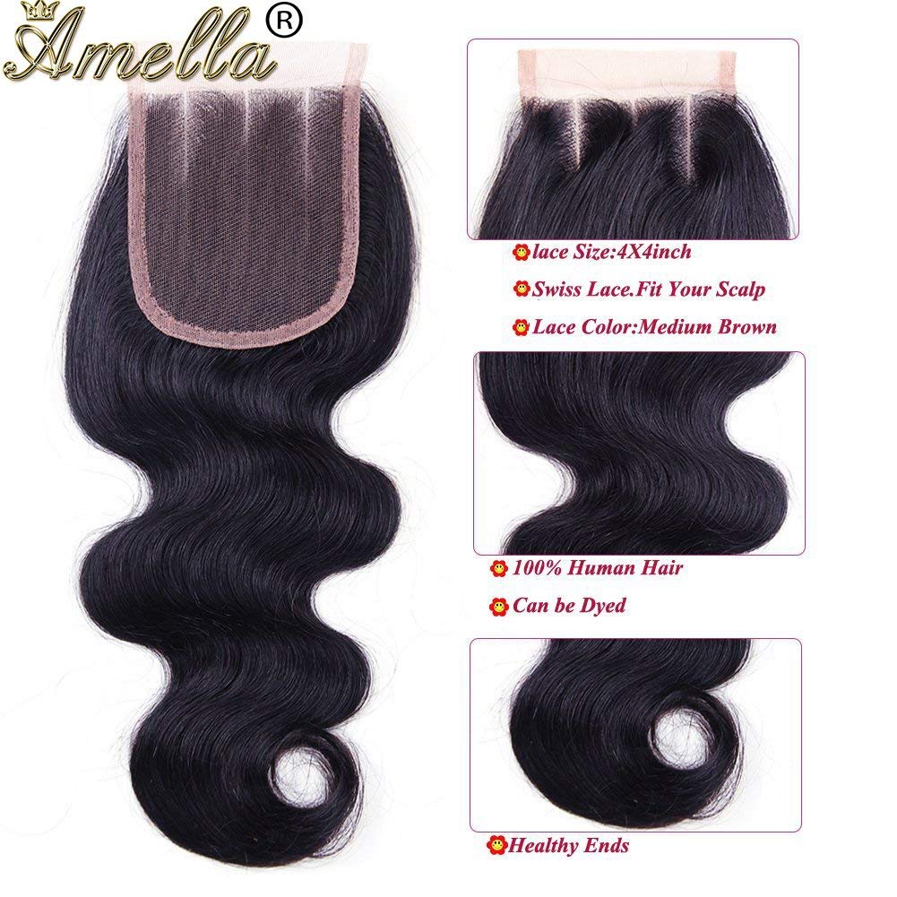 Amella Hair Brazilian Body Wave 3 Bundles with Closure (20 22 24+20 Closure)100% Unprocessed Body Wave Human Hair Weave with 4x4