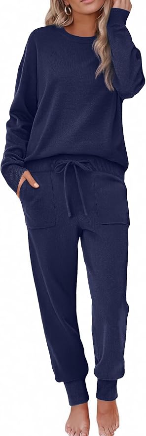 Ekouaer Women's 2 Piece Lounge Set Long Sleeve Knit Pajamas Sweatsuit Jogger Pant Outfits With Pockets S-XXL