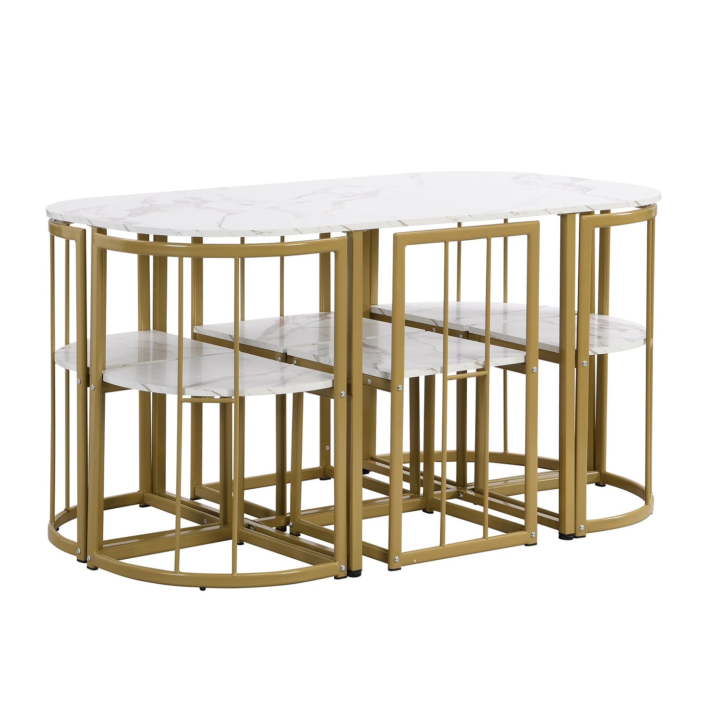 Metal 7 Piece Kitchen Dining Table Set with Chairs for Saving Space Metal Dining Room Table Set for 6 Persons, Golden White
