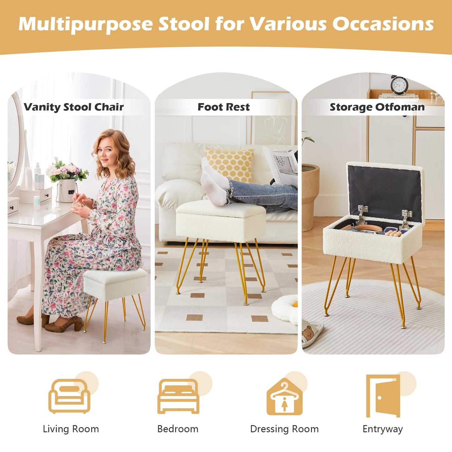 Alessing Vanity Stool Chair Ottoman with Storage, Sherpa Vanity Chair for Makeup Room, Rectangle Vanity Stools with Metal Legs, Soft Makeup Stool Footrest Footstools for Bedroom Living Room, White